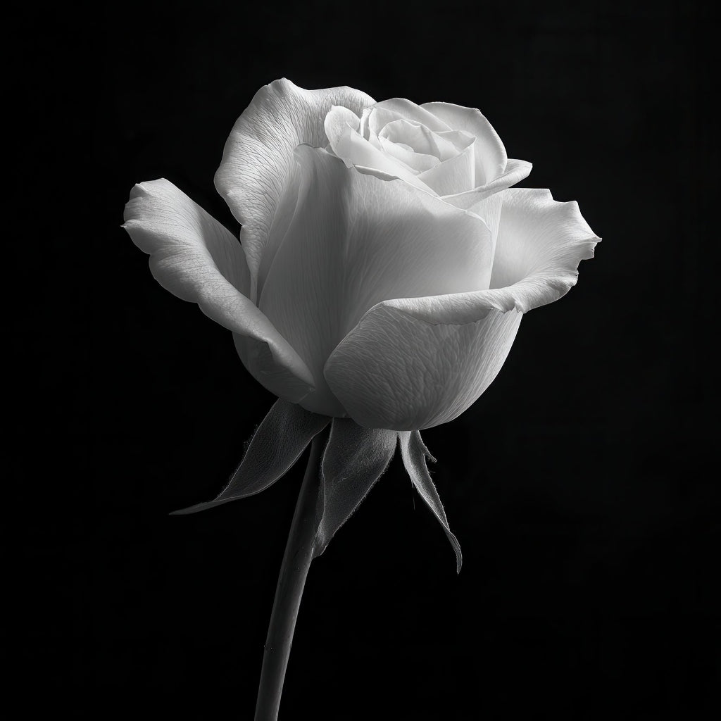 Weiße Rose vor schwarzem Hintergrund, detailreich und elegant beleuchtet.
