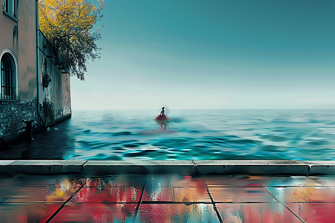 Surreale Szene mit einer Person in rotem Kleid, die im Meer steht, neben einer Hauswand und unter einem weiten, klaren Himmel – Symbol für Einsamkeit, Freiheit und Übergang.
