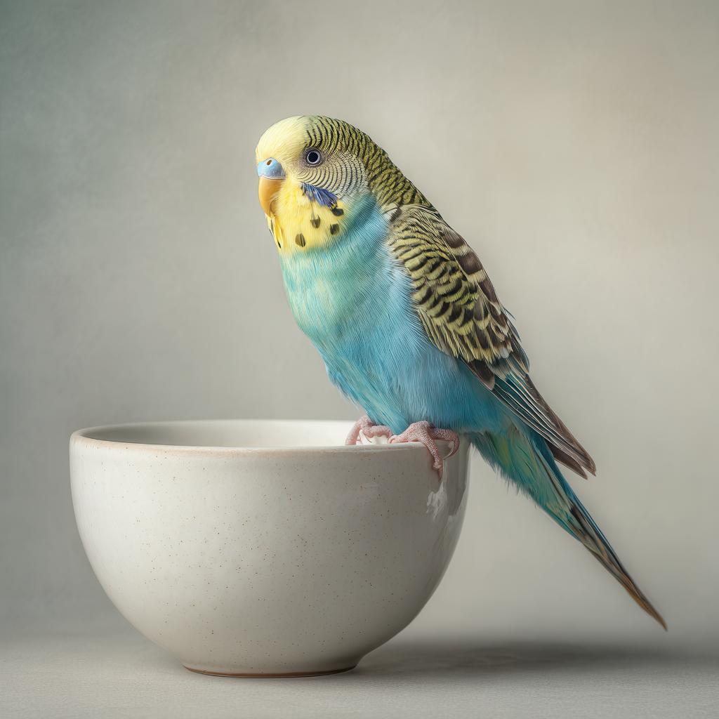 Blau-gelber Wellensittich auf dem Rand einer hellen Keramikschale.
