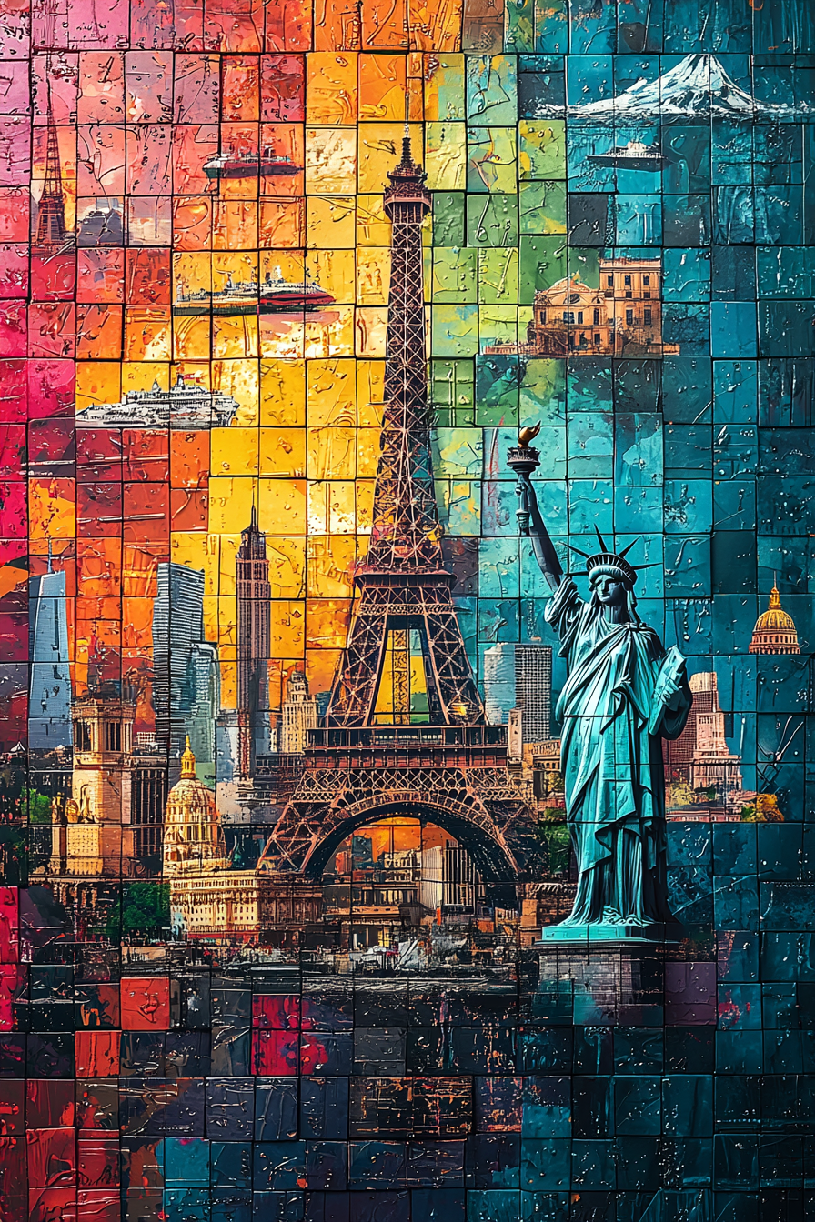 Bunte Collage mit Eiffelturm, Freiheitsstatue und Weltstädten in leuchtenden Farben

