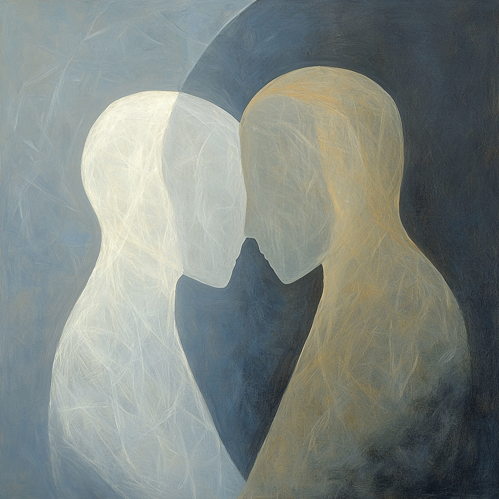 Zwei transluzente Figuren, eine hell, eine golden, stehen sich gegenüber und verschmelzen in ihrer Mitte – ein Sinnbild für Einheit, Wahrnehmung und das Erkennen des Anderen im Selbst.
