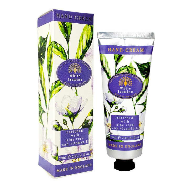 Handcreme „White Jasmine“ mit grün-weißem Pflanzenmotiv, bestehend aus Tube und passender Verpackung, angereichert mit Aloe Vera und Vitamin E.