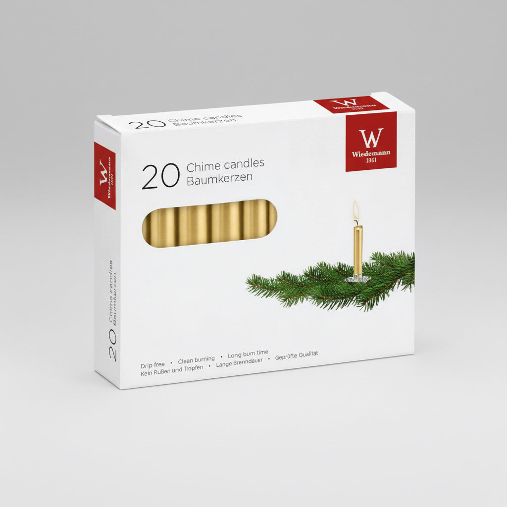 Wiedemann Baumkerzen in Gold – 20 Stück tropffreie Weihnachtsbaumkerzen mit langer Brenndauer in Markenqualität