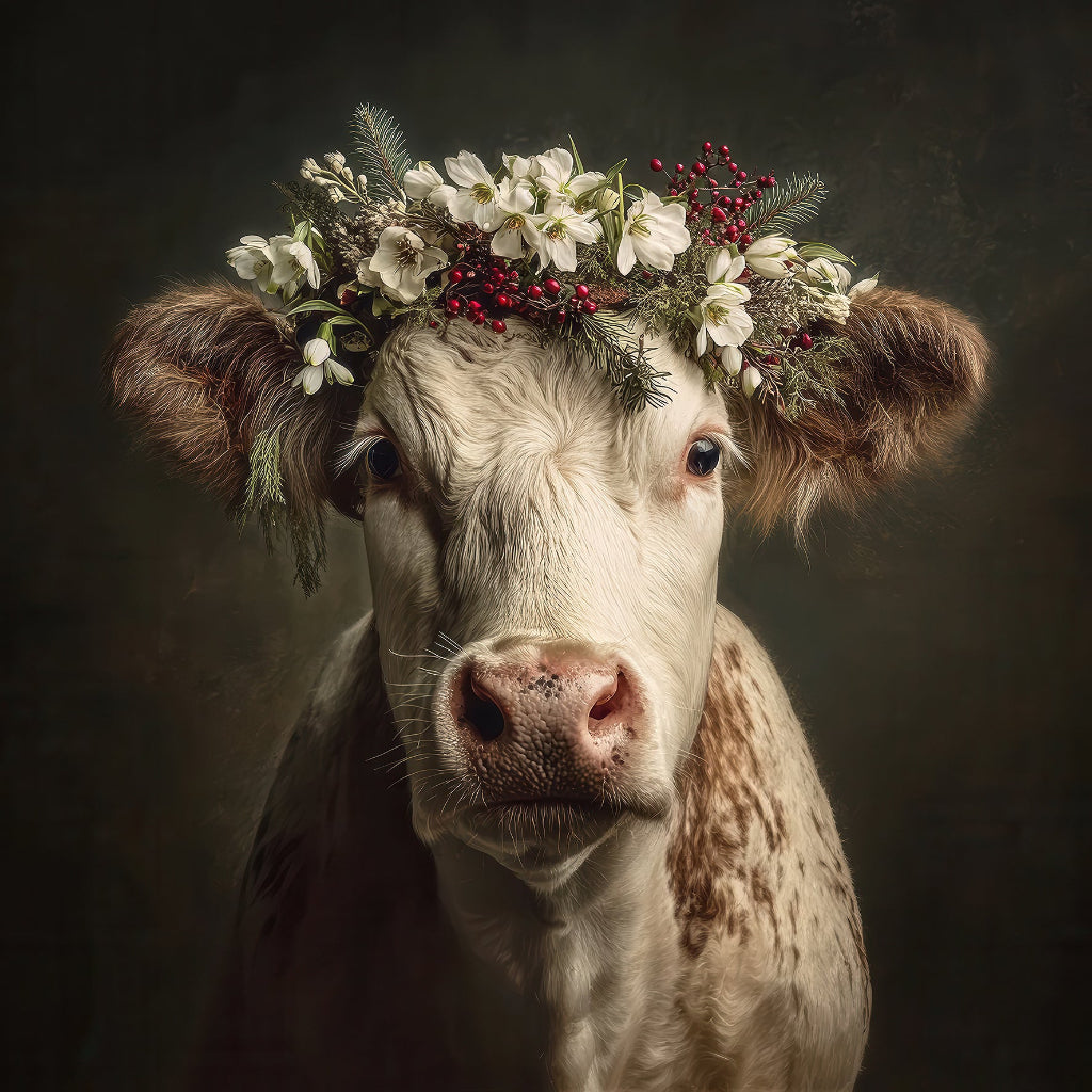 Kuh mit winterlicher Blüten- und Beerenkrone vor dunklem Hintergrund.
