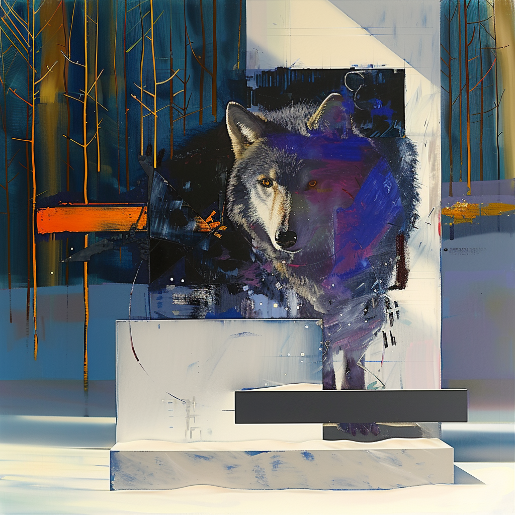 Abstraktes Kunstwerk eines Wolfes in winterlicher Landschaft, mit modernen Farbakzenten in Blau, Weiß und Orange.
