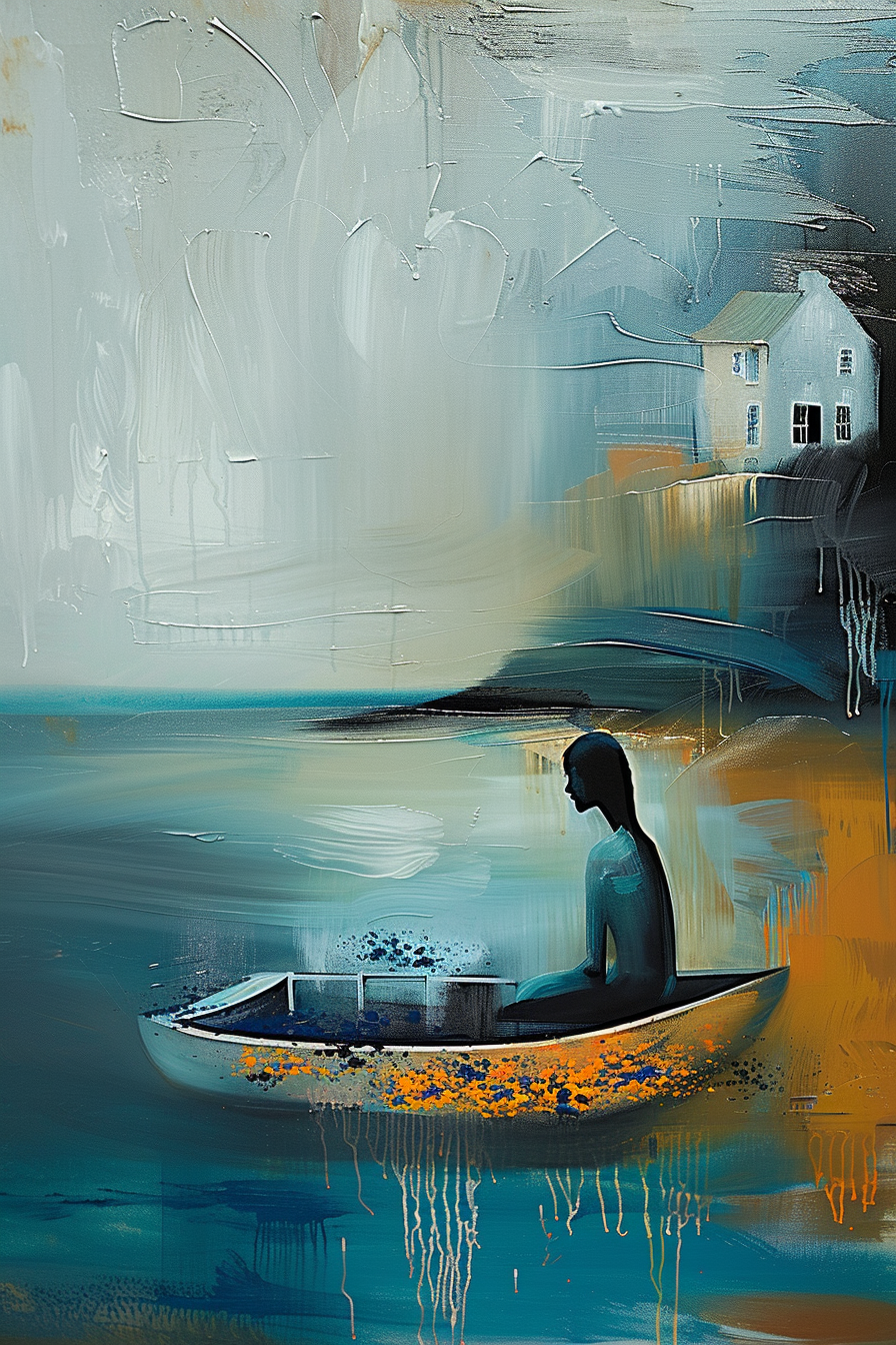 Eine dunkle, schemenhafte Gestalt sitzt in einem kleinen Boot auf ruhigem Wasser. Im Hintergrund erhebt sich eine Küste mit einem hellen Haus, während der Himmel in sanften Grautönen und Wolkenstrukturen verschwimmt.
