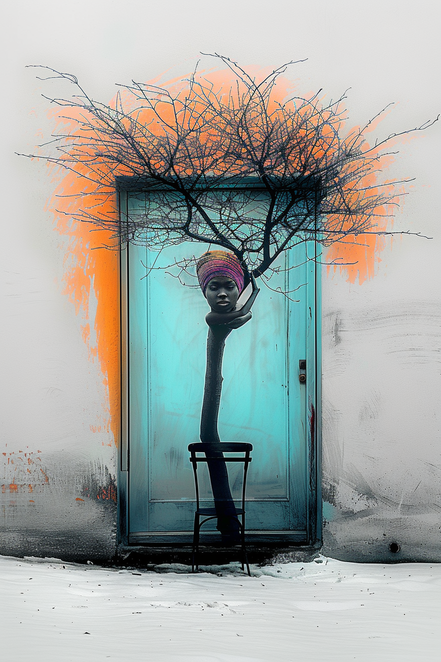Surreales Porträt einer Frau, die mit einem Baum verschmilzt, vor einer blauen Tür und orangefarbenem Hintergrund.
