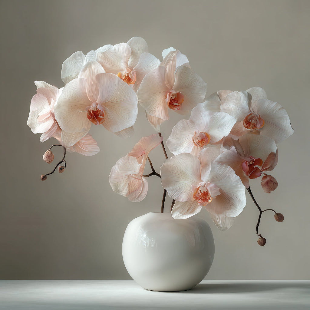 Elegantes Stillleben mit cremefarbenen Orchideen in einer weißen Vase.
