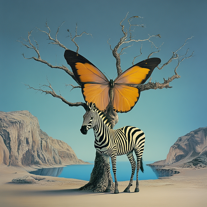 Surreale Landschaft mit einem Zebra unter einem kahlen Baum, dessen Äste in die Flügel eines riesigen orangefarbenen Schmetterlings übergehen – Symbol für Wandel und Fantasie.
