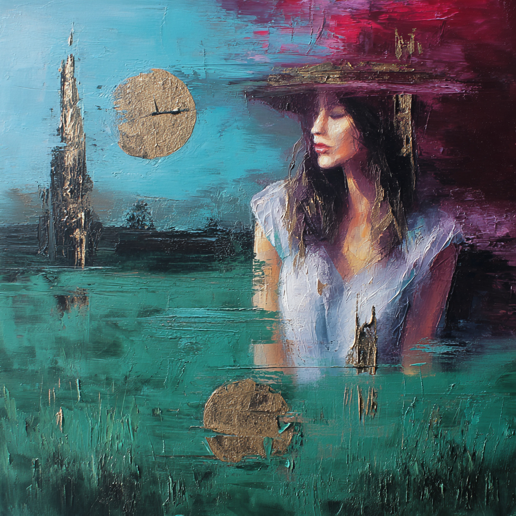 porträt einer frau mit hut in grüner landschaft mit goldenen elementen
