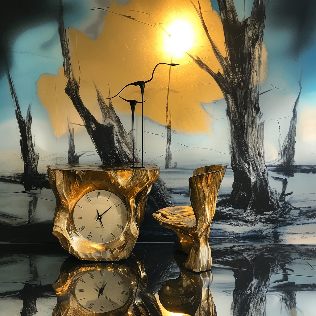 Künstlerische Szene mit goldener Uhr und passendem Stuhl aus Holzstruktur, platziert in einer surrealen Landschaft mit nebeligen Bäumen und goldenem Licht.
