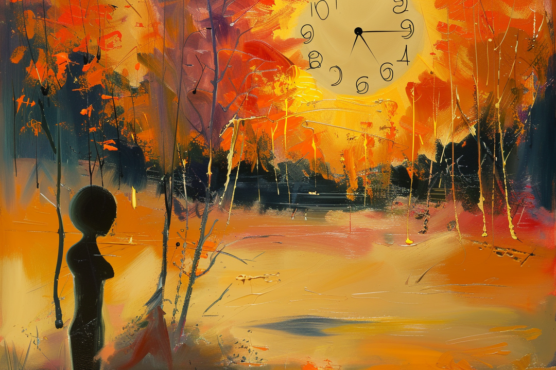 abstraktes gemälde mit figur in orangefarbenem wald und grosser uhr
