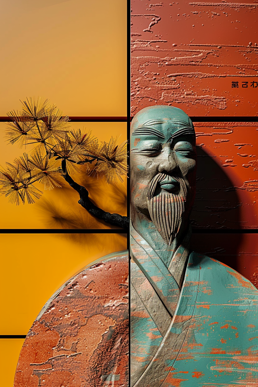Eine Statue mit fernöstlichem Ausdruck steht vor einem geteilten Hintergrund aus warmen Gelb- und Rottönen, flankiert von einem filigranen Baumzweig. Das Werk wirkt ruhig und architektonisch strukturiert.
