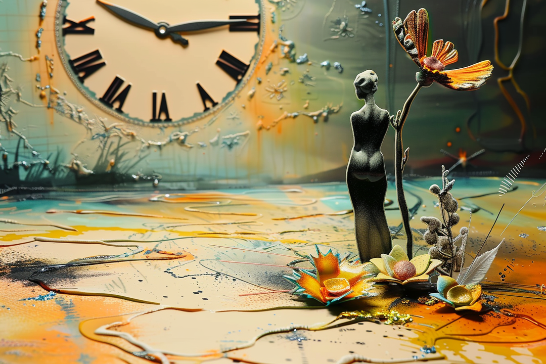 Surreales Stillleben mit Figur, Blüten und einer großen Uhr – poetische Darstellung von Vergänglichkeit und Erblühen der Zeit.
