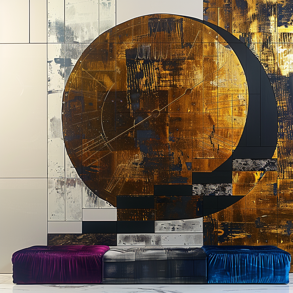 Abstraktes Wandkunstwerk mit gold-schwarzen geometrischen Formen und Uhrsymbolik – Kombination aus Struktur, Zeit und modernem Design.
