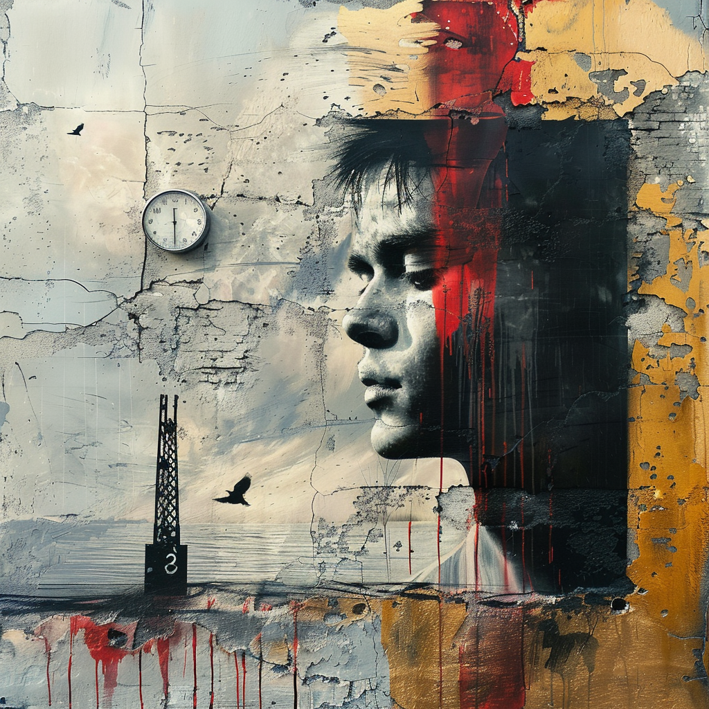 Surreale, emotionale Komposition mit einem nachdenklichen männlichen Profil, einer verwitterten Wand, roten Farbschlieren und einer Uhr — Symbol für Vergänglichkeit, Zeit und Erinnerung.
