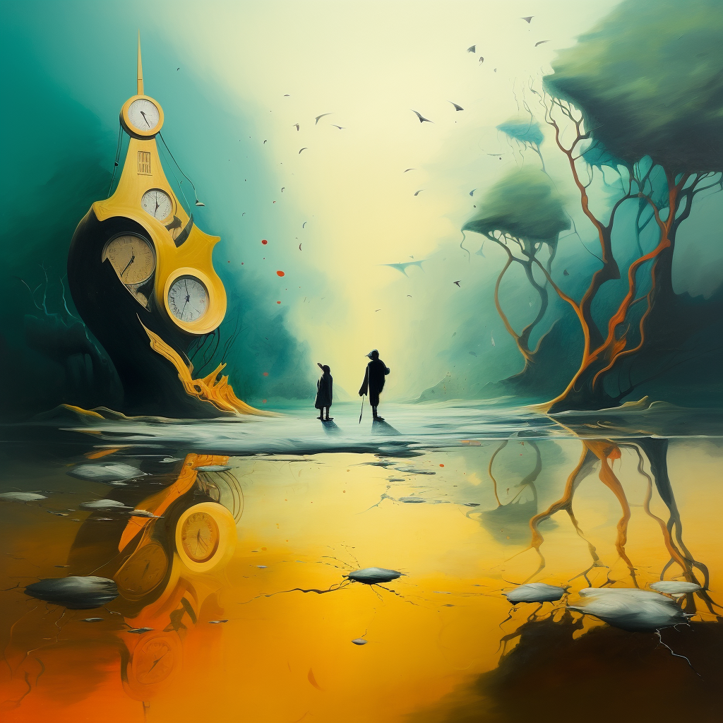 Surreales Gemälde mit zwei Figuren, die auf einer spiegelnden Wasserfläche stehen, vor einer goldenen Uhrenskulptur und nebelverhangenen Bäumen.
