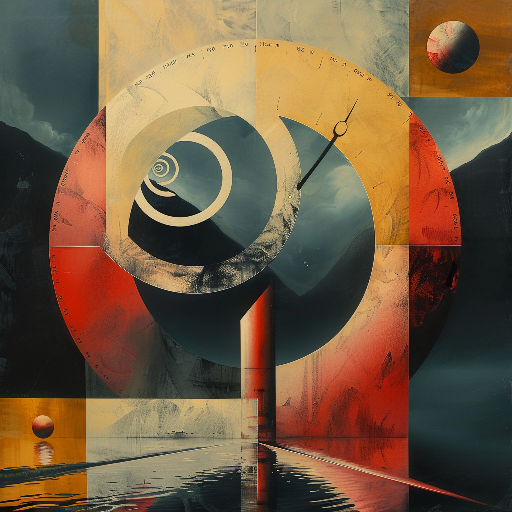 Abstrakte, surreale Komposition aus Spiralen, geometrischen Formen und Uhrsymbolik – ein meditatives Spiel mit Zeit, Raum und Unendlichkeit.
