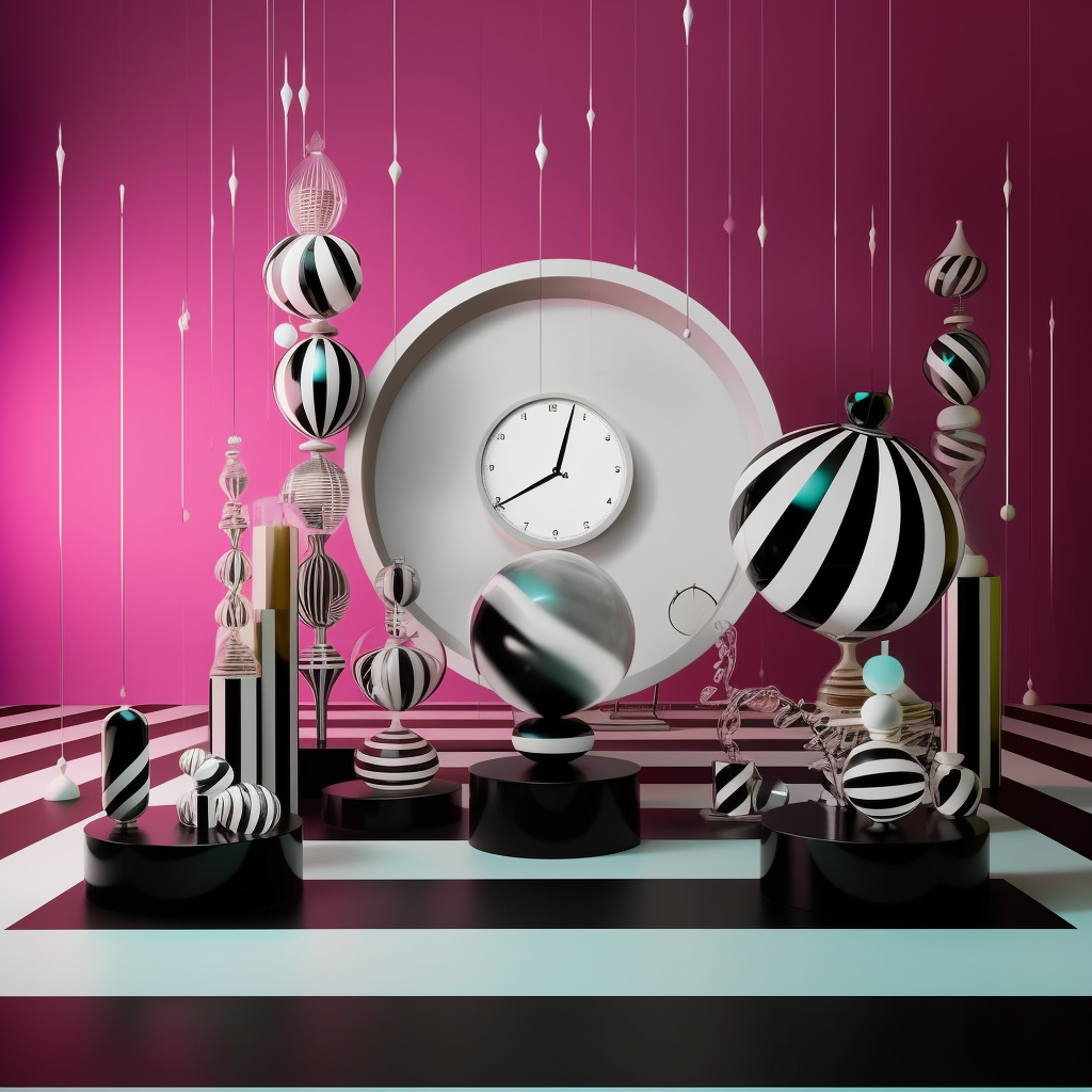 Futuristische Komposition aus schwarz-weiß gestreiften Kugeln und geometrischen Formen vor magentafarbenem Hintergrund mit einer Uhr – Symbol für Zeit, Rhythmus und Bewegung.
