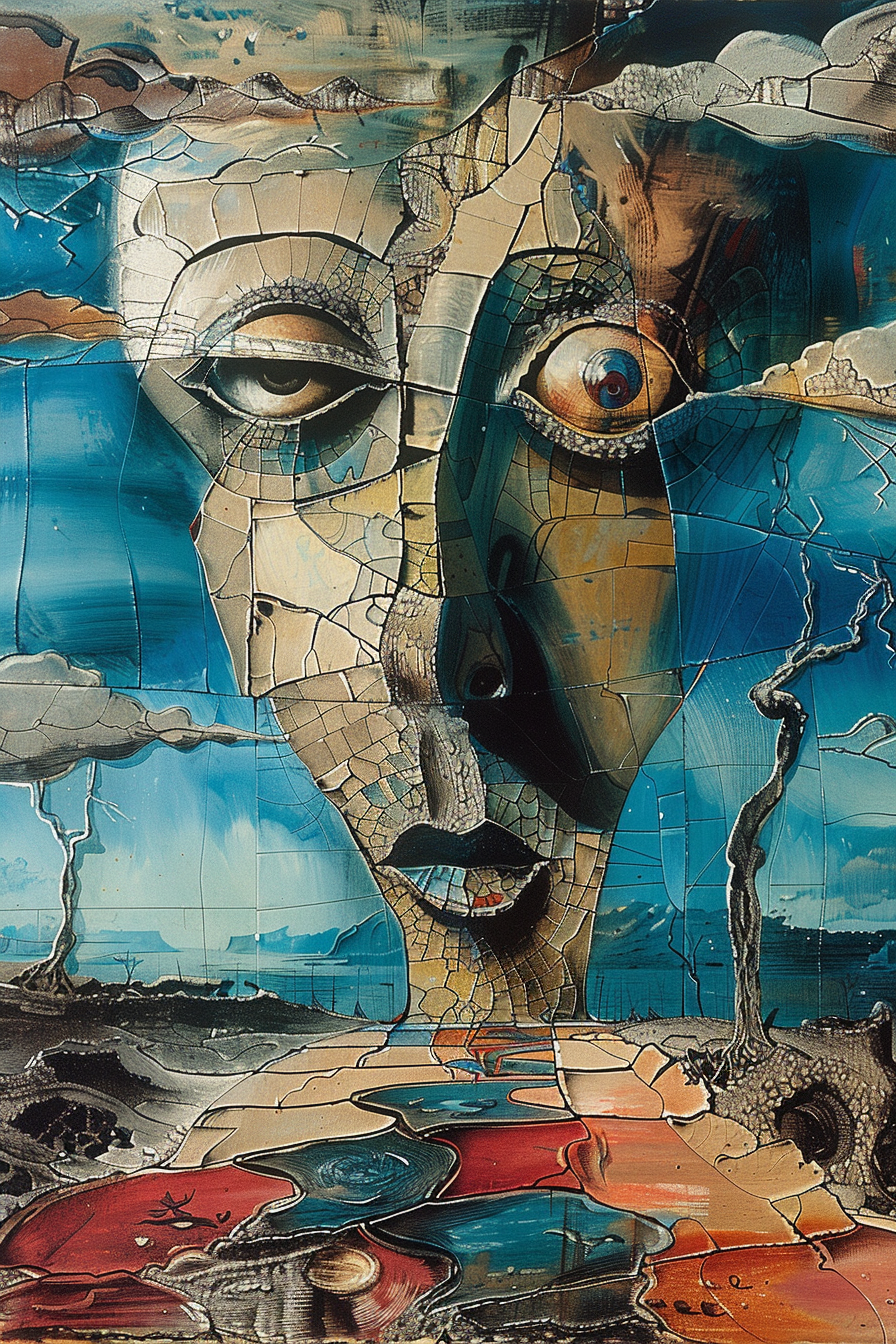 surrealistisches gesicht mit rissen in landschaft aus blau und erdtönen
