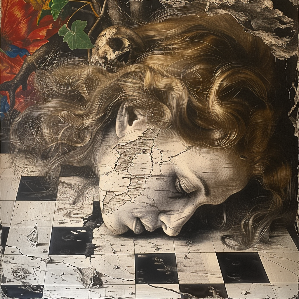 Surreales Porträt einer Frau mit zerbrochenem Gesicht, die auf einem Schachbrett ruht; ihr Haar fließt über die Felder, während im Hintergrund Schädel, Ranken und verblasste Blumen zu sehen sind – Symbol für Vergänglichkeit und Strategie des Lebens.
