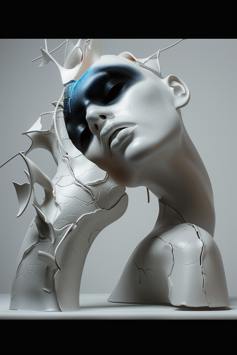 surreale skulptur eines weiblichen gesichts mit rissen, moderne kunst zwischen schönheit und zerfall
