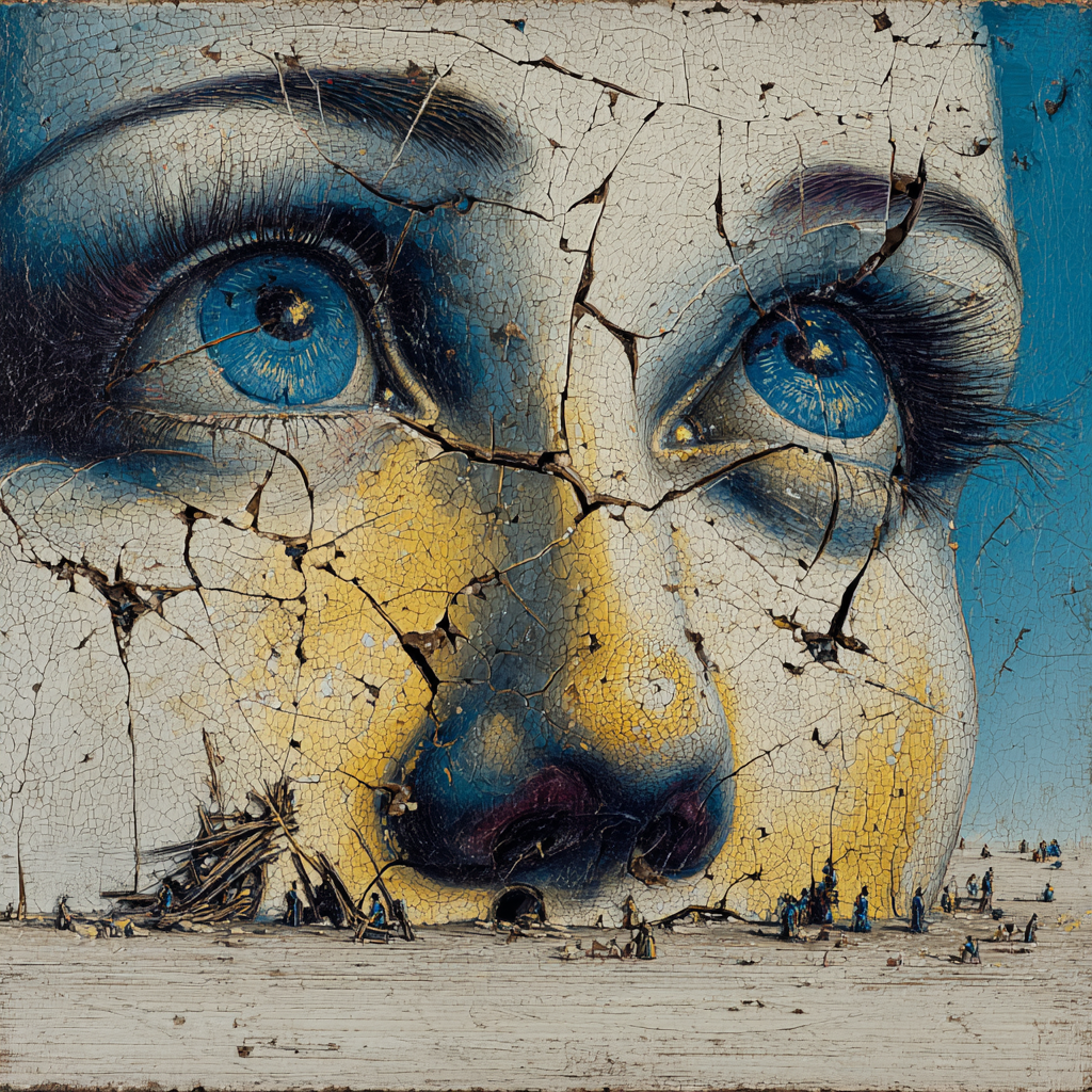 Ein monumentales, rissiges Gesicht mit leuchtend blauen Augen erhebt sich aus einer kargen Landschaft – ein Sinnbild für Erinnerung, Vergänglichkeit und Menschlichkeit.
