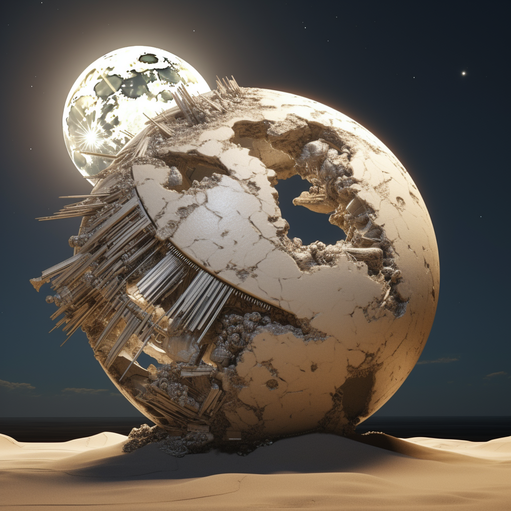 Surreales 3D-Kunstwerk eines zerfallenden, sandfarbenen Planeten mit freiliegenden Strukturen und einer leuchtenden Mondkugel im Hintergrund.
