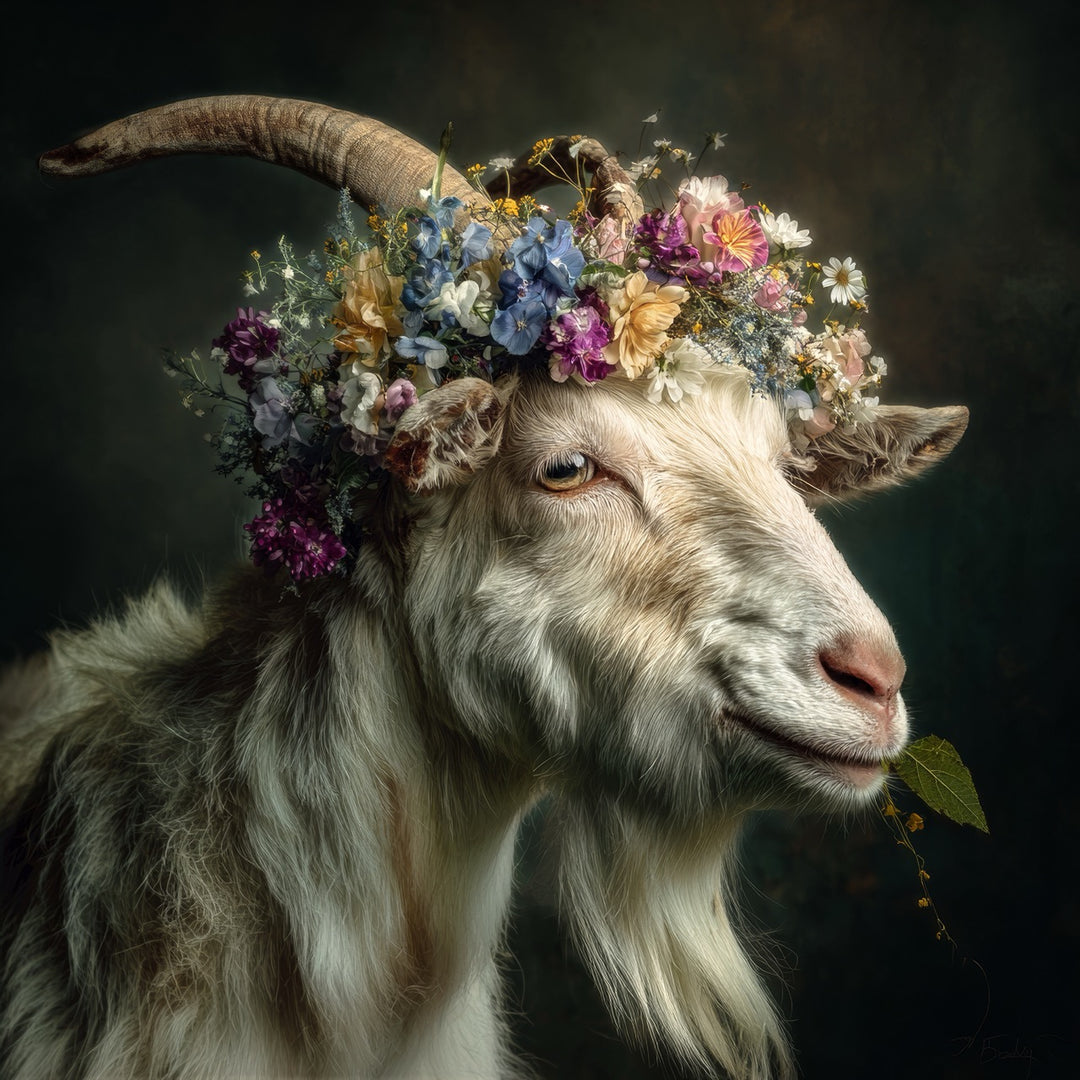 Porträt einer weißen Ziege mit einem bunten Blütenkranz aus Wild- und Wiesenblumen
