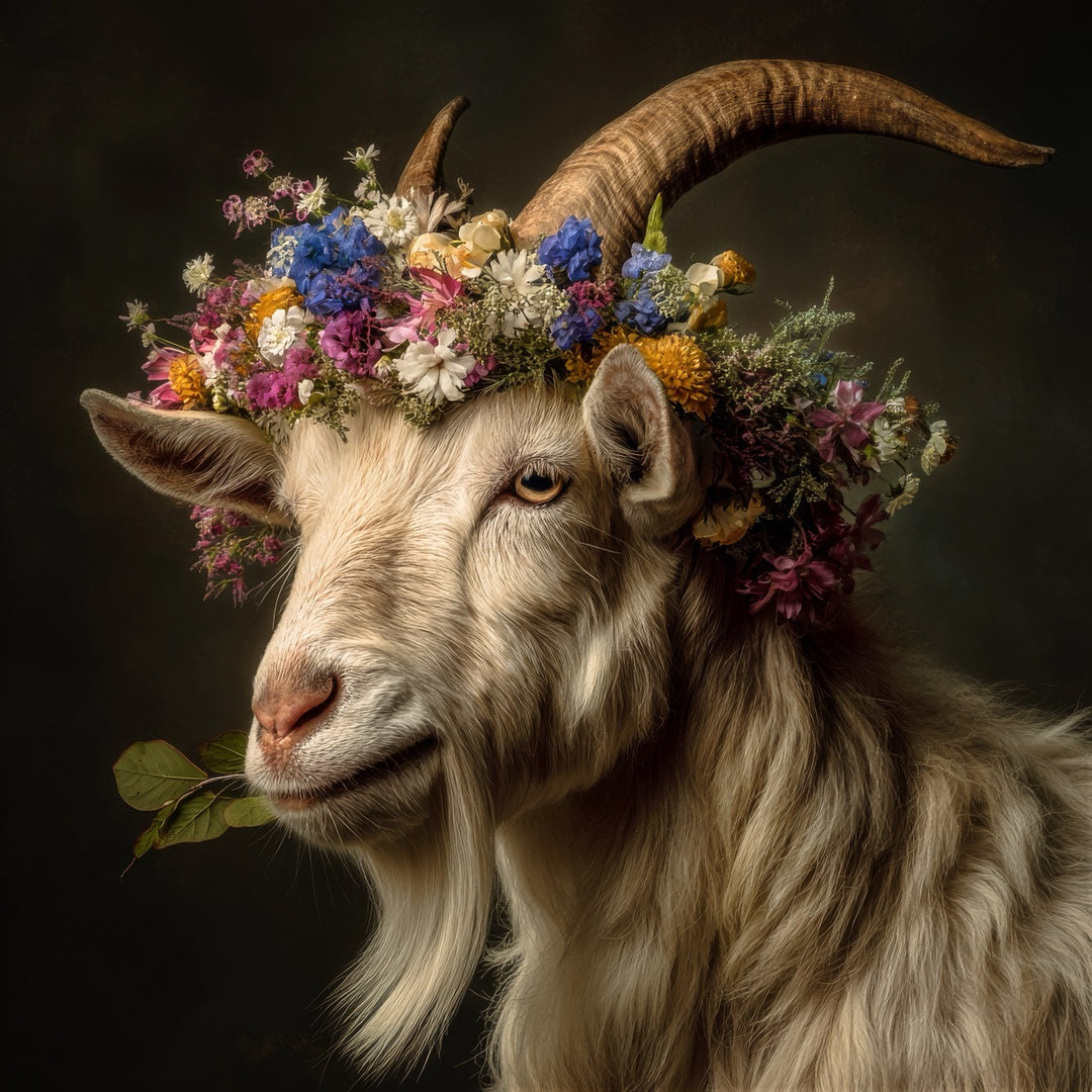 Porträt einer weißen Ziege mit buntem Blumenkranz aus Wildblumen und Blättern

