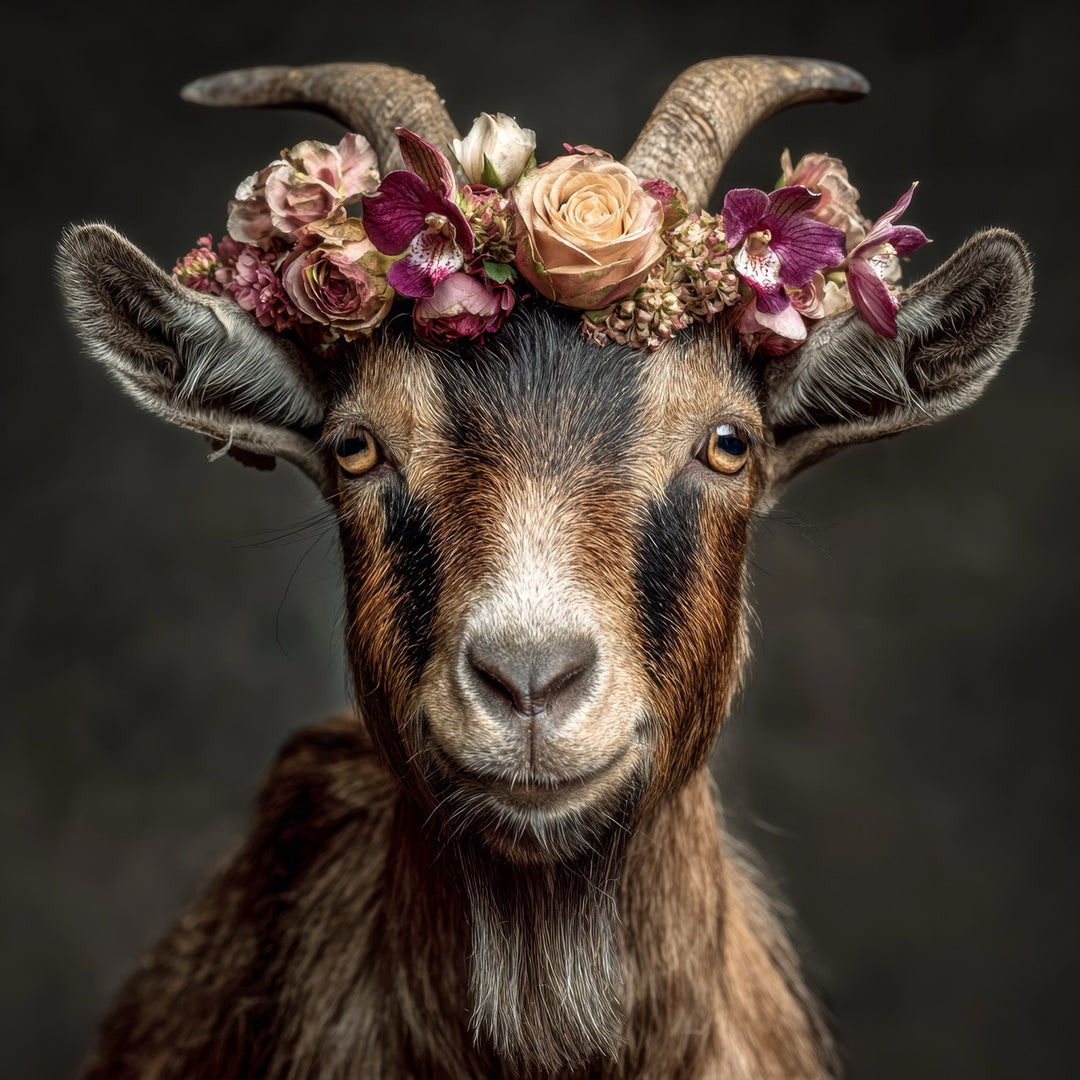 Porträt einer braunen Ziege mit einem Blumenkranz aus Rosen und Orchideen
