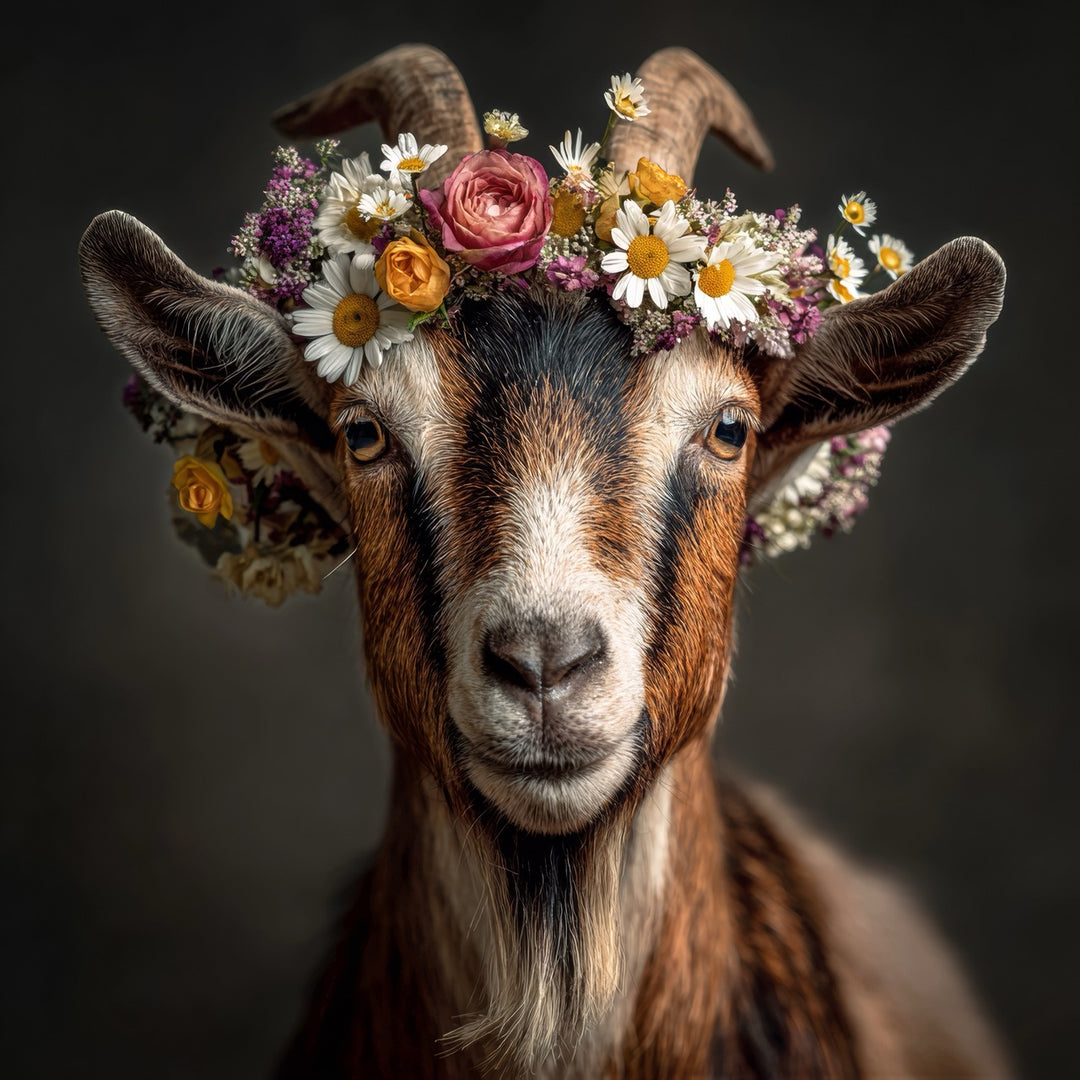 Porträt einer braunen Ziege mit einem Kranz aus bunten Wiesenblumen und Gänseblümchen
