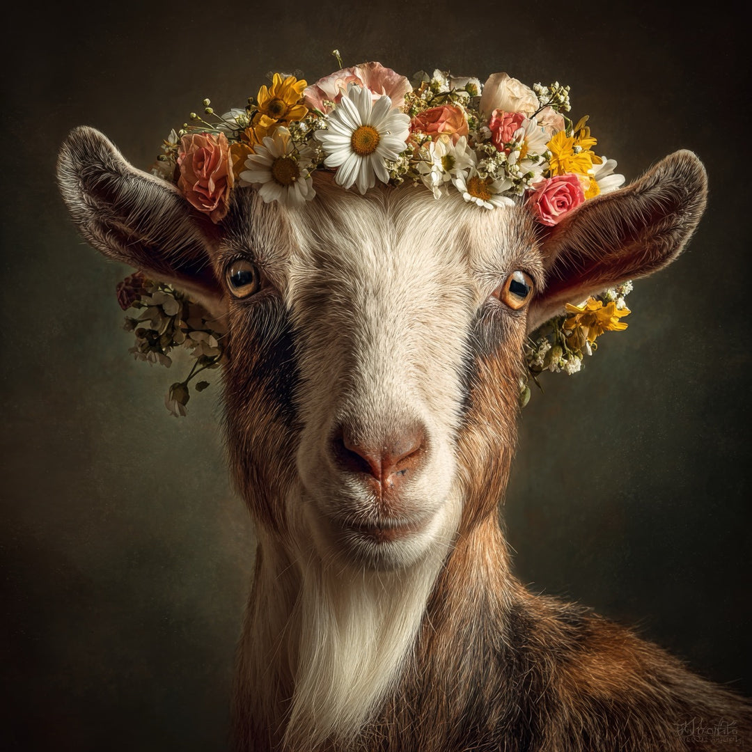 Porträt einer Ziege mit einem Blütenkranz aus Gänseblümchen und Rosen

