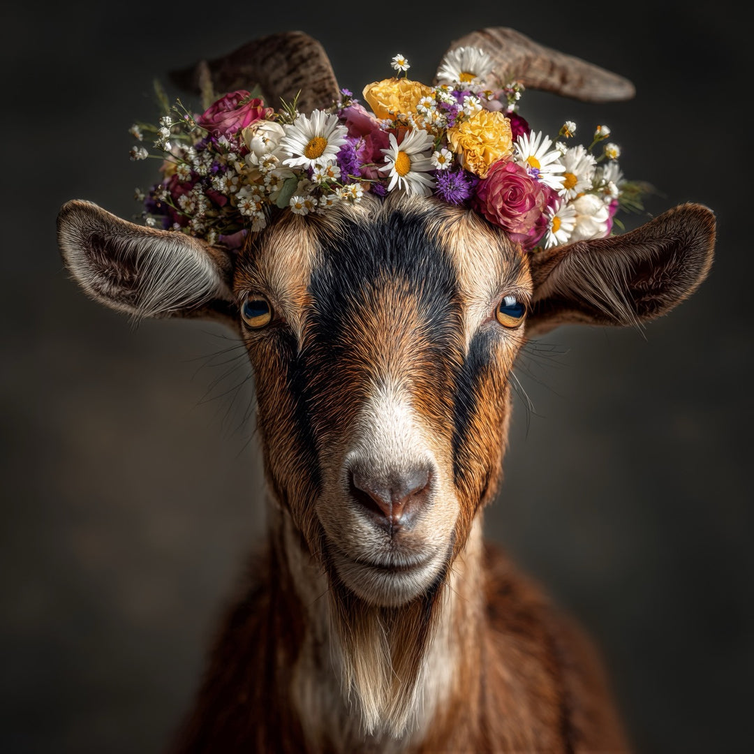 Porträt einer braunen Ziege mit einem bunten Blumenkranz aus Gänseblümchen und Wiesenblumen
