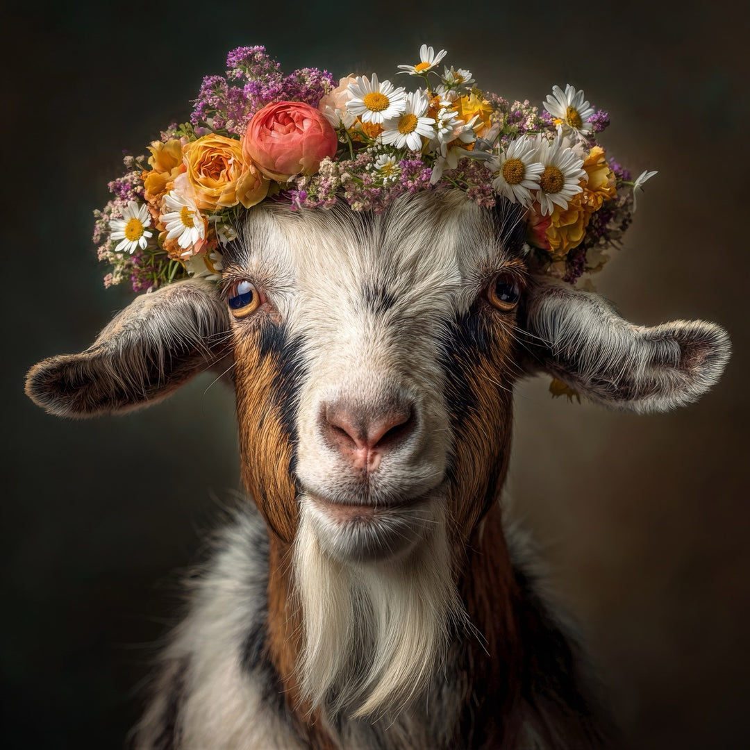 Porträt einer Ziege mit buntem Blumenkranz aus Gänseblümchen und Rosen
