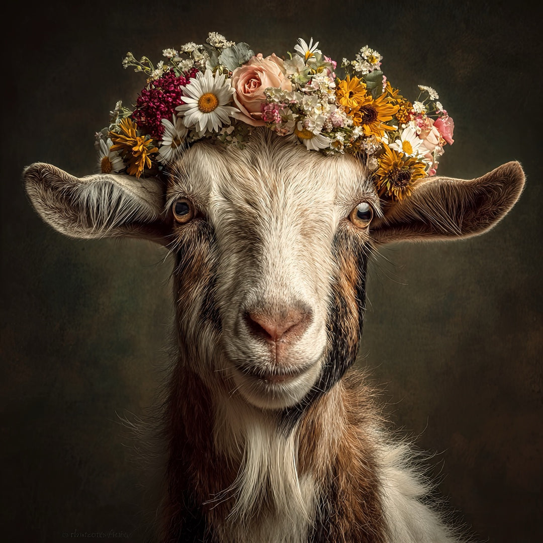 Porträt einer Ziege mit Blumenkranz aus Gänseblümchen, Sonnenblumen und Rosen
