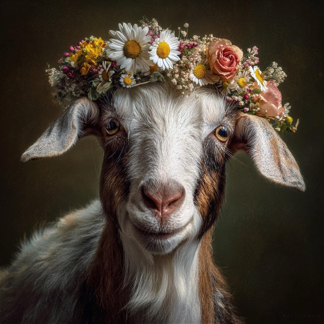 Porträt einer Ziege mit Blumenkranz aus Gänseblümchen und Rosen
