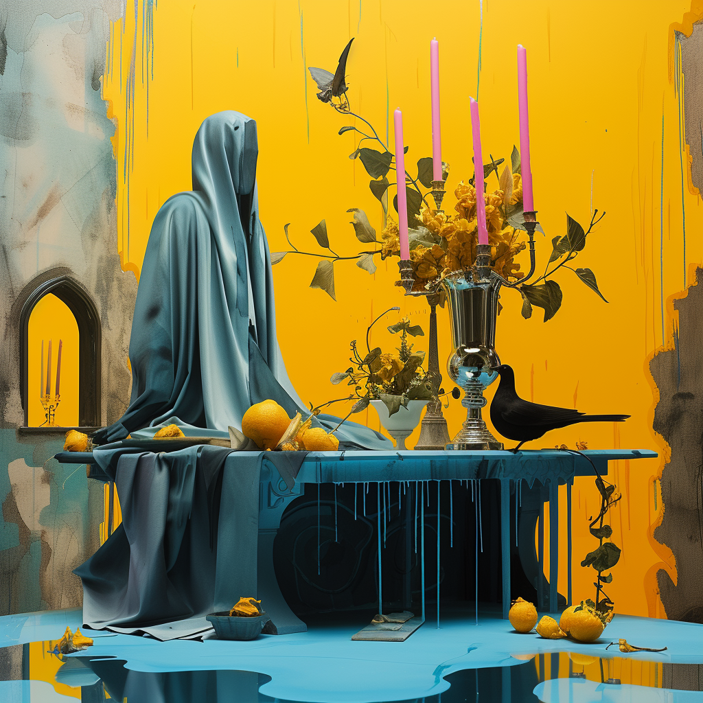 Surreale Szene mit verhüllter Figur, Zitronen und Kerzenleuchter vor goldgelbem Hintergrund – poetische Inszenierung zwischen Leben und Stille.

