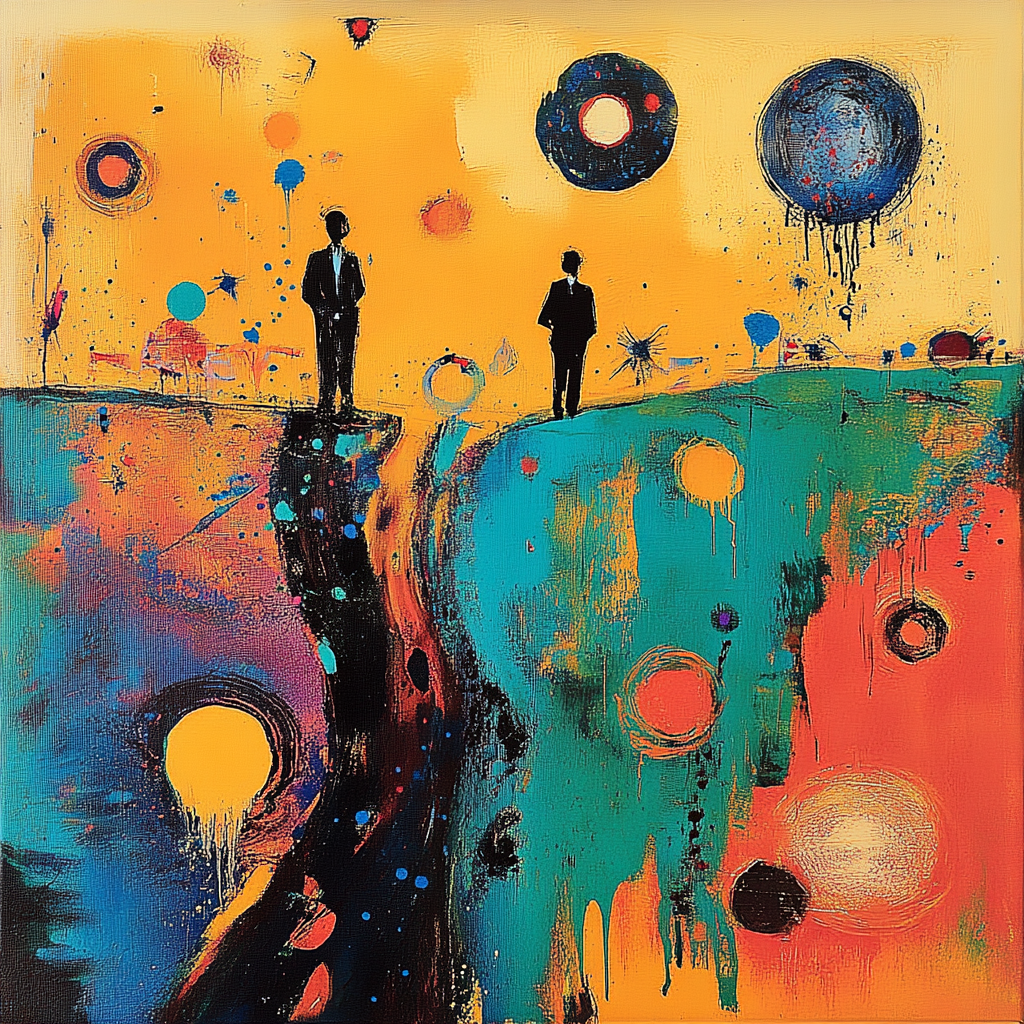 Abstraktes Gemälde mit zwei Silhouetten auf farbenreicher Landschaft und kreisförmigen Himmelskörpern
