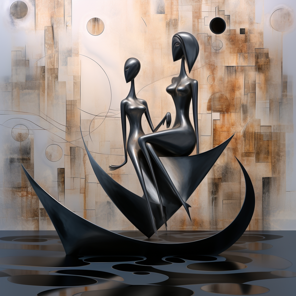 Zwei abstrakte Figuren aus dunklem Metall sitzen harmonisch auf einer skulpturalen Form – modernes Kunstwerk mit geometrischem Hintergrund in warmen Beigetönen.
