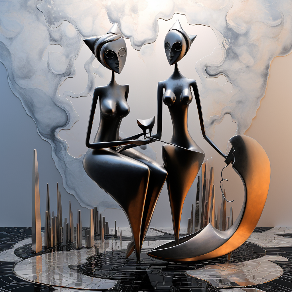 Zwei stilisierte Figuren aus dunklem Metall sitzen nebeneinander, eine hält ein Glas, die andere einen Halbmond – modernes Kunstwerk mit futuristischer Atmosphäre.
