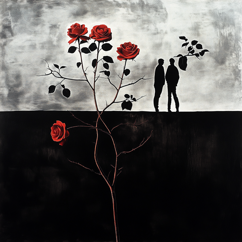 Gemälde mit zwei silhouettenhaften Figuren und roten Rosen auf einem kontrastreichen Schwarz-Weiß-Hintergrund
