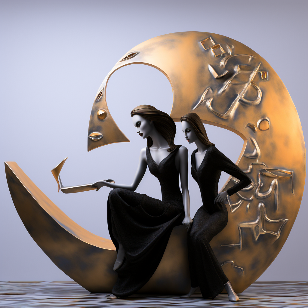 Zwei elegante Figuren in schwarzen Kleidern sitzen vor einer goldenen, skulpturalen Mondsichel – modernes Kunstwerk voller Symbolik und Stil.
