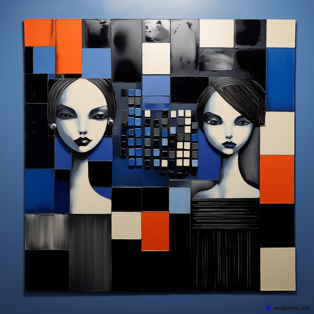 Abstraktes Porträt von zwei Frauen in einem Mosaik aus blauen, schwarzen und roten Quadraten
