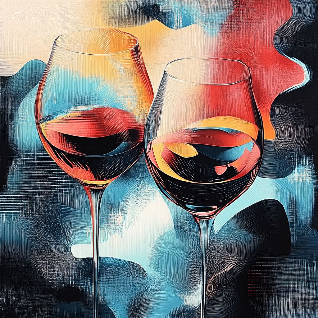 zwei weingläser mit rotwein vor farbigem hintergrund in blau und orange
