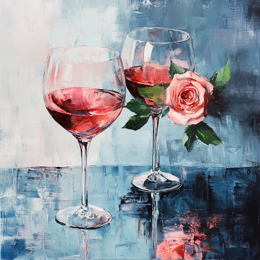 zwei gläser roséwein mit rose auf blauem hintergrund
