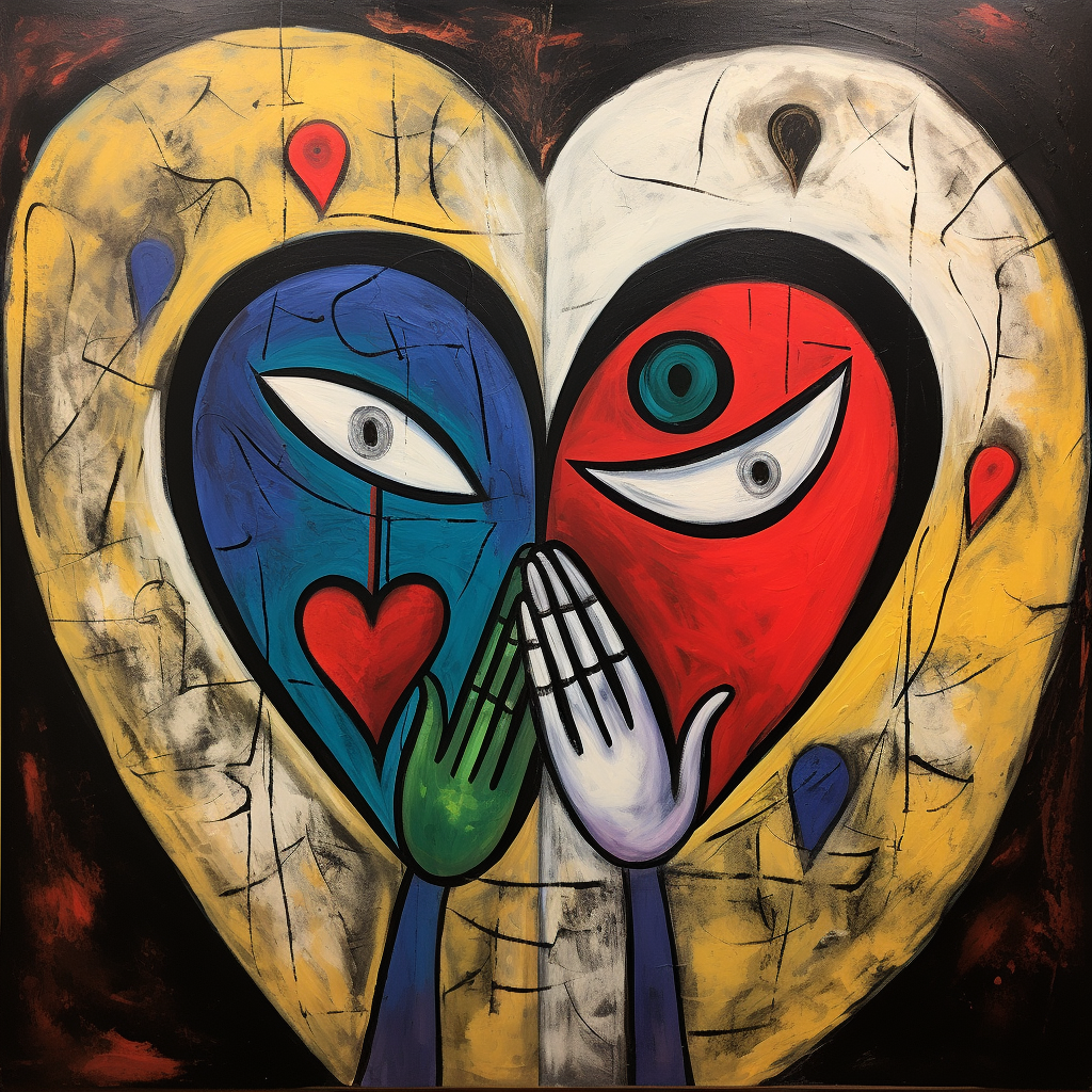 Abstraktes Gemälde mit zwei Gesichtern in Herzform in Rot, Blau und Gelb
