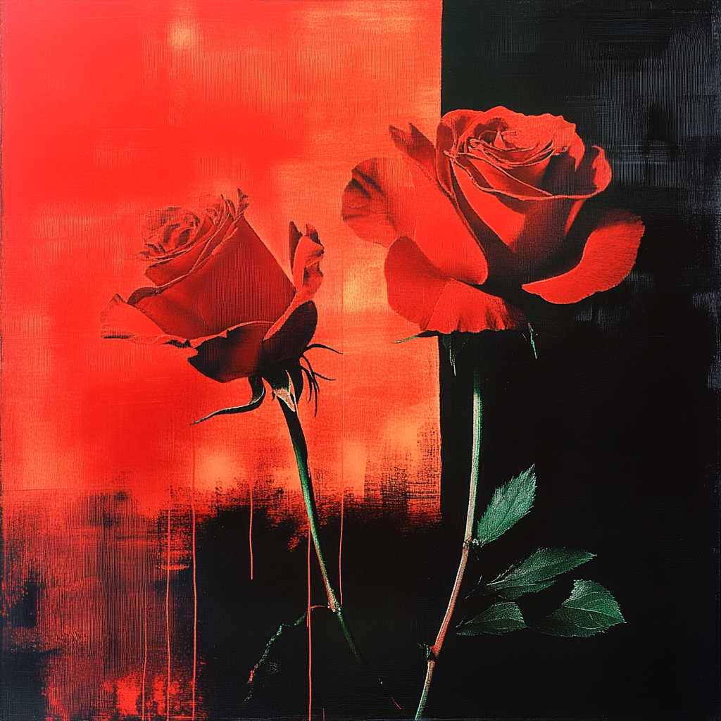 Gemälde von zwei roten Rosen auf einem geteilten Hintergrund in Schwarz und Rot
