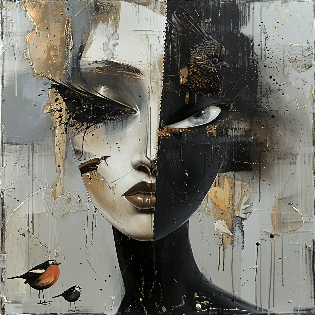 Ausdrucksstarkes Porträt einer Frau in Schwarz und Weiß mit Vögeln. Symbolisches Spiel aus Licht, Schatten und Emotion.
