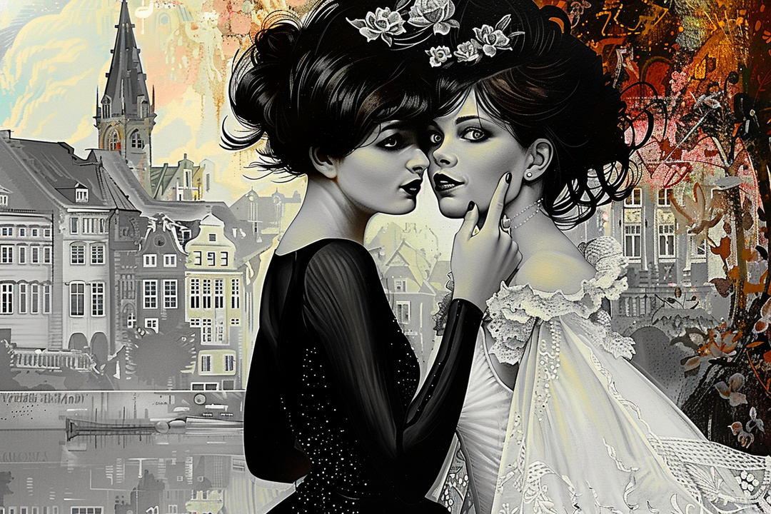 zwei frauen in schwarzen und weissen kleidern vor historischer stadtkulisse
